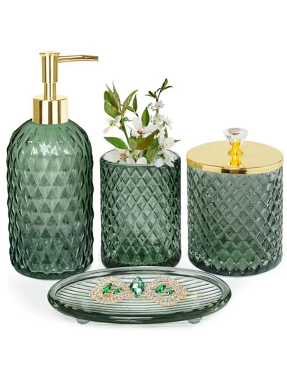 Glass Bathroom Accessories Set, Sage Green Bathroom Set, 4 Pcs